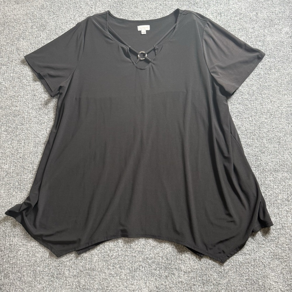 Womens Black Keyhole O-Ring Top Short Sleeve V-Neck Tunic Asymmetric Hem L-18/20